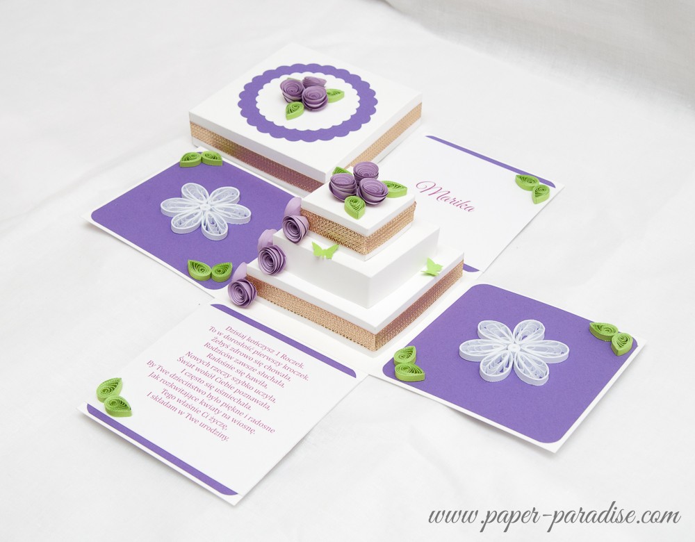 kartki ręcznie robione pudełeczko urodziny quilling