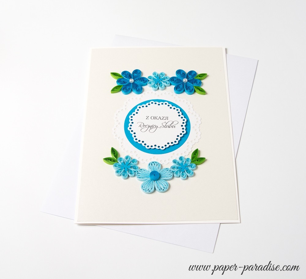 kartka na rocznicę ręcznie robiona kartka ślubna quilling niebieska