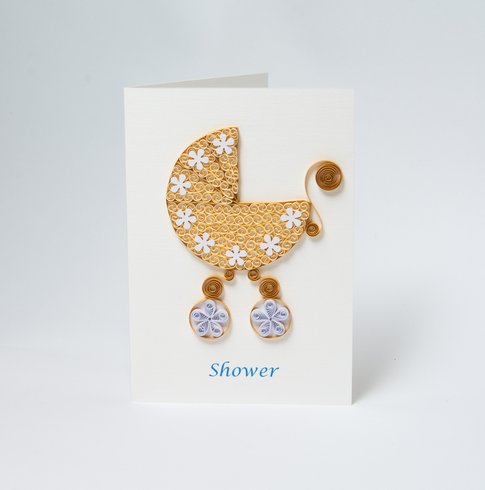 oryginalne zaproszenia ręcznie robione baby shower narodziny dziecka quilling wózek kremowy beżowy neutralne na zamówienie