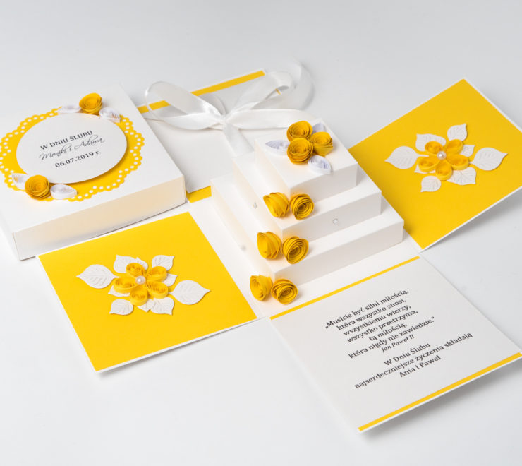 Read more about the article Ręcznie robiona kartka ślubna – Exploding box z tortem